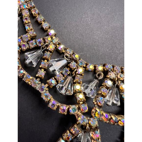Vintage AB Rhinestone Bib Necklace Clear Glass Dangles Gold Tone - Picture 5 of 12